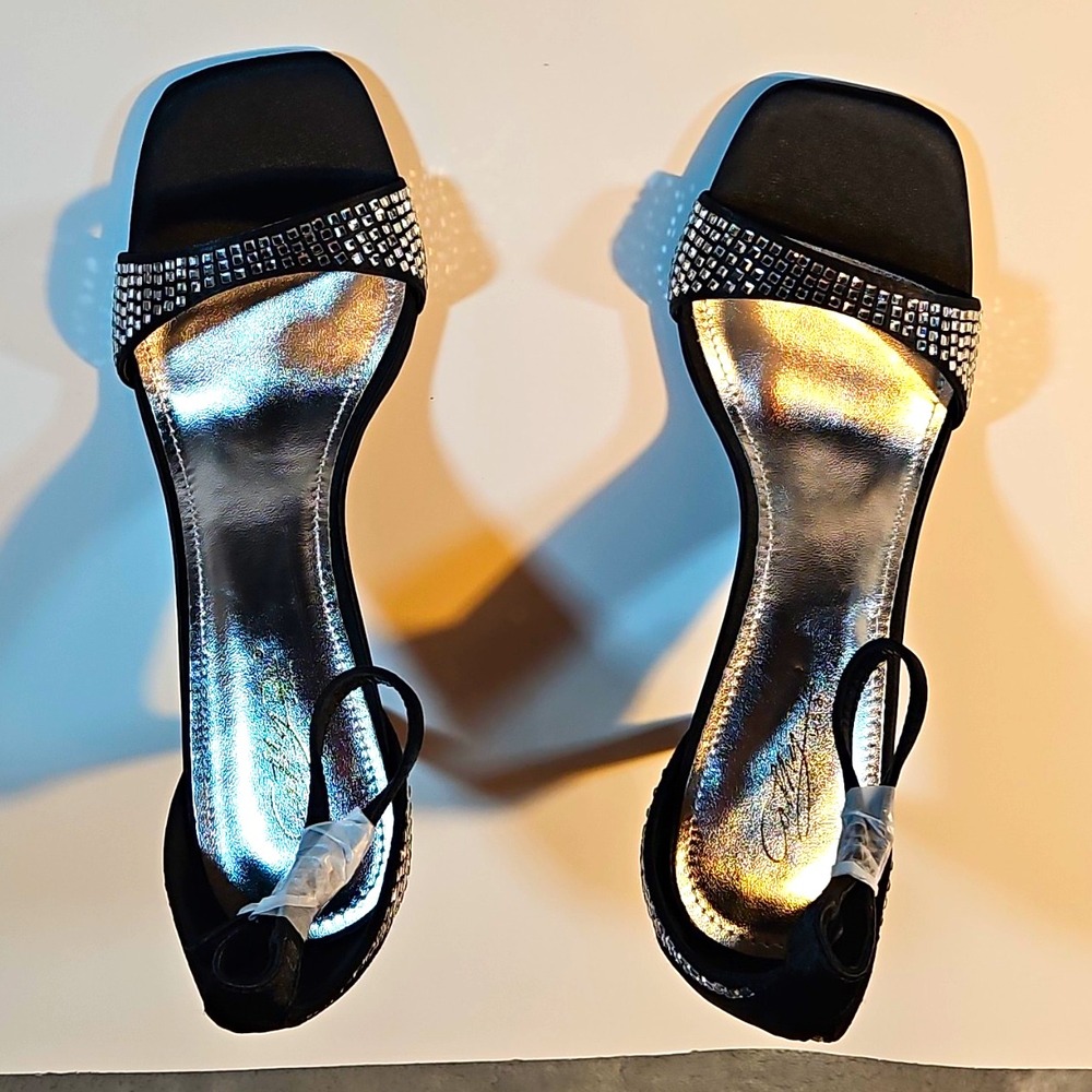 Cathy Din Black Silver Rhinestone Strappy Ankle Strap Open Toe Buckle 8